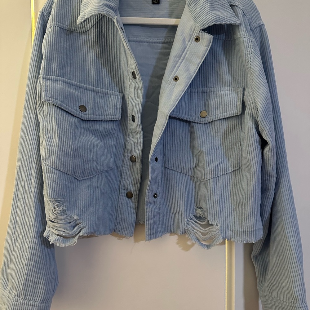 Timing Light Blue Distressed Corduroy Jacket